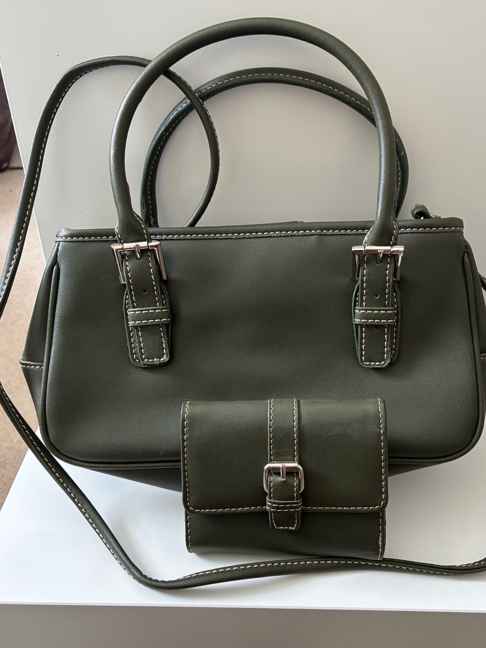 Olive Green Satchel Handbag with Matching Wallet